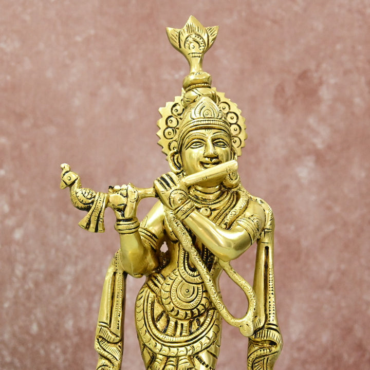 Brass Krishna Idol Murti Big size (11 Inch) Lord Shri Krishnan Statue with Flute standing for Home Decor Showpiece Hall Gifting