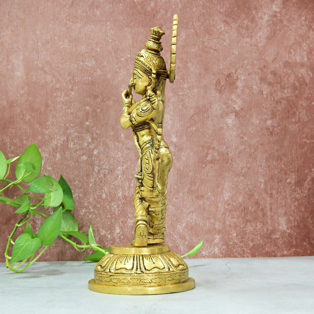 Brass Krishna Murti Big size Idol (14 Inch) Lord Shree Krishnan Statue with Flute standing for Home Decor House warming Gift Show piece