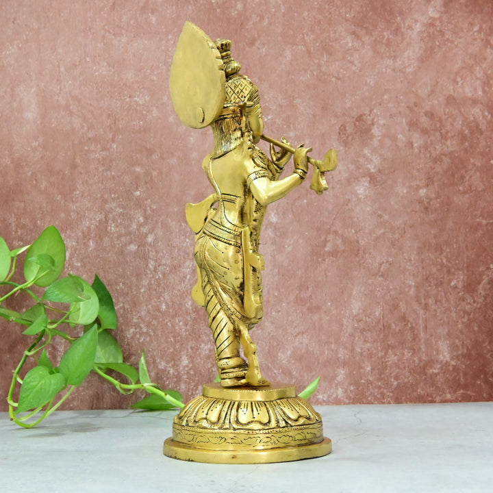 Brass Krishna Murti Big size Idol (14 Inch) Lord Shree Krishnan Statue with Flute standing for Home Decor House warming Gift Show piece