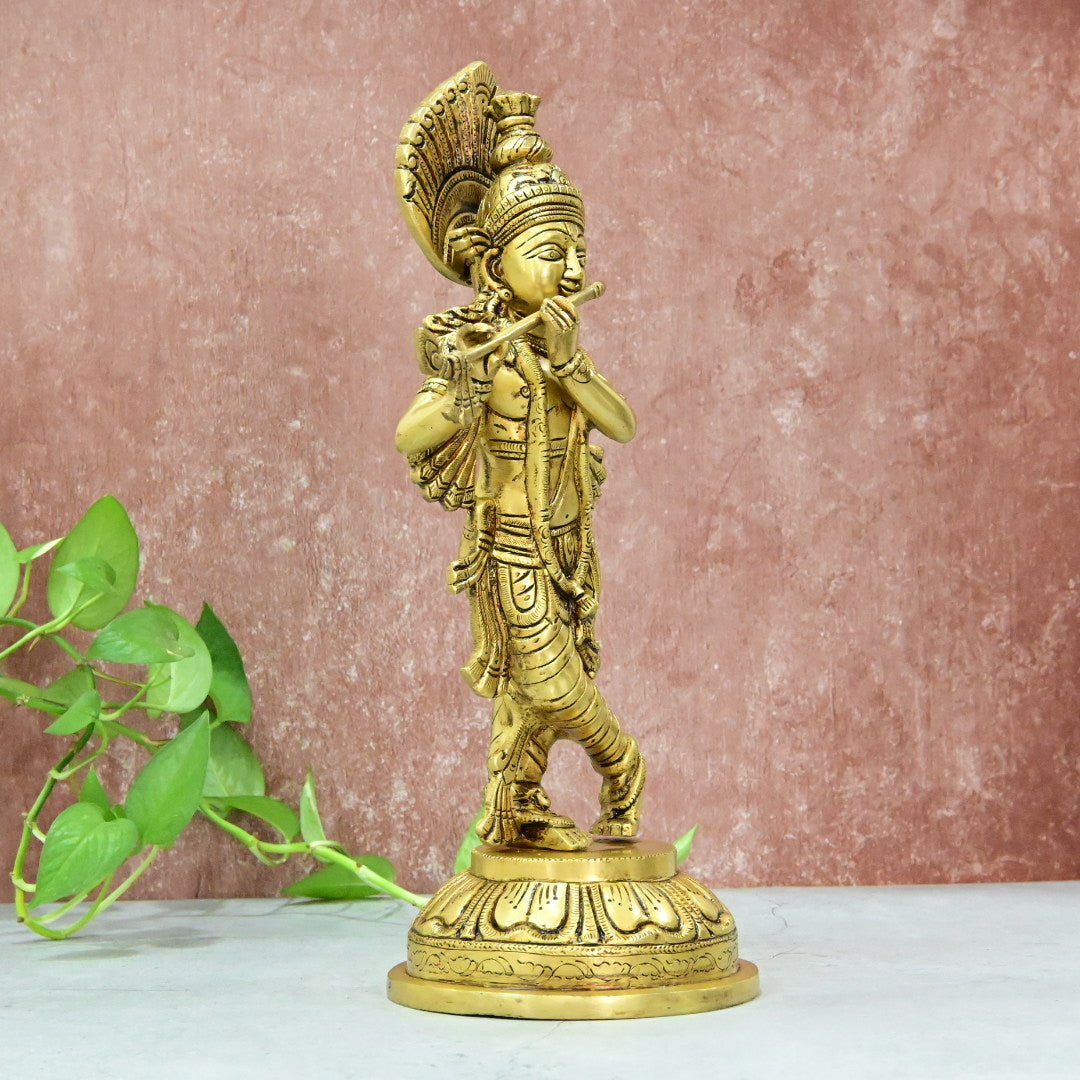 Brass Krishna Murti Big size Idol (14 Inch) Lord Shree Krishnan Statue with Flute standing for Home Decor House warming Gift Show piece