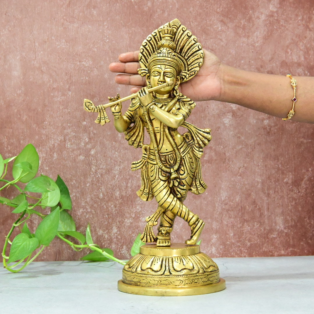 Brass Krishna Murti Big size Idol (14 Inch) Lord Shree Krishnan Statue with Flute standing for Home Decor House warming Gift Show piece