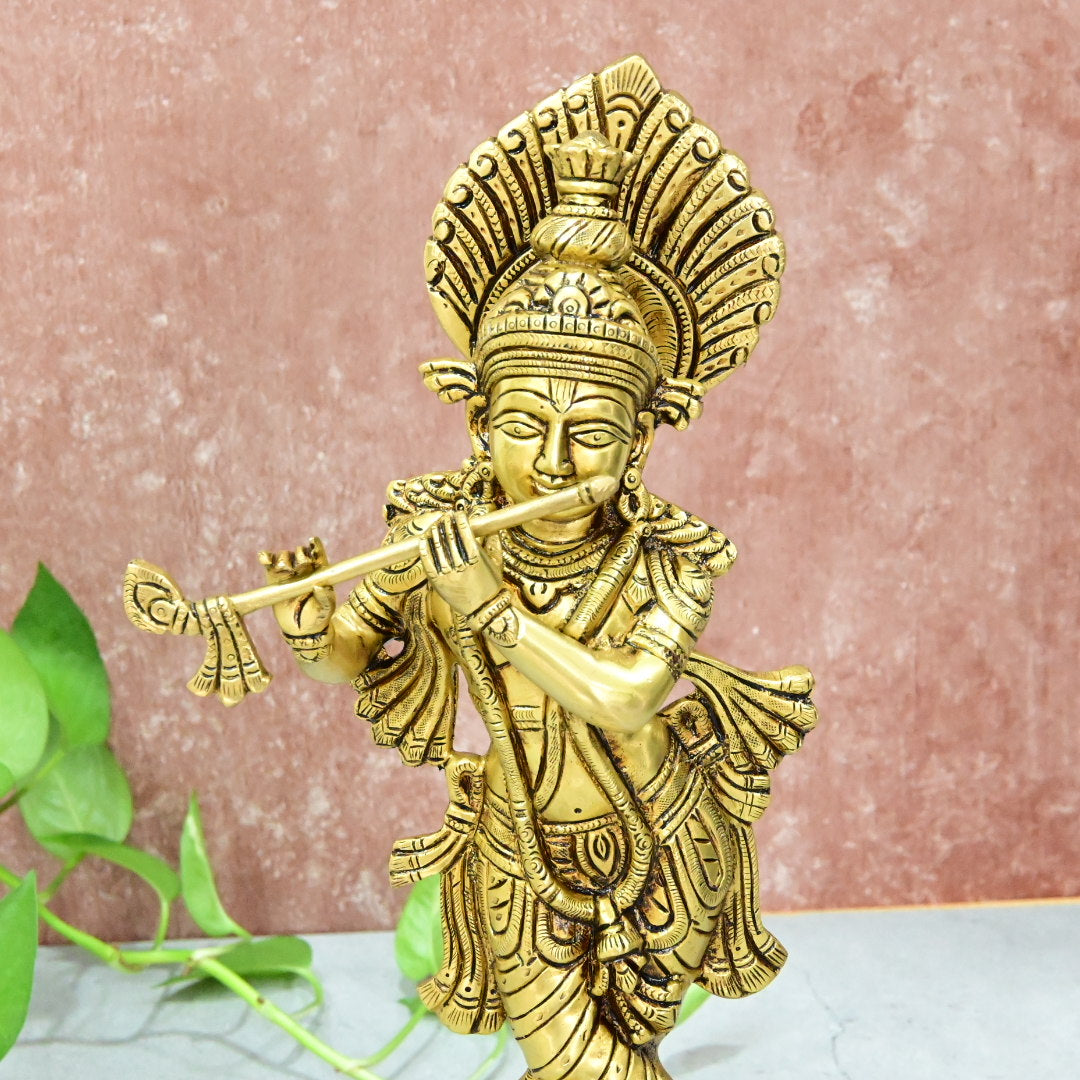 Brass Krishna Murti Big size Idol (14 Inch) Lord Shree Krishnan Statue with Flute standing for Home Decor House warming Gift Show piece