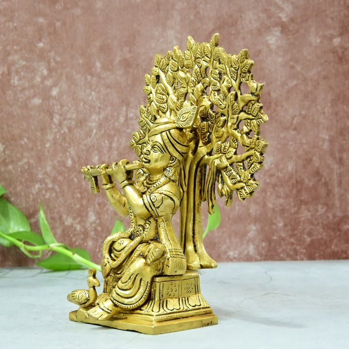 Brass Krishna Idol Murti Big size (8Inch, 2.1Kg) Lord Krishnan Statue with Flute Sitting Tree for Home Decor Living room Hall Gifting