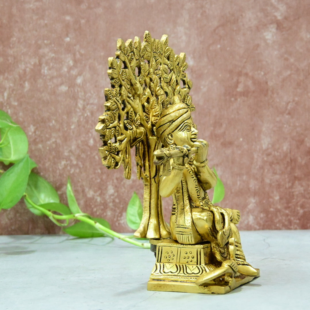 Brass Krishna Idol Murti Big size (8Inch, 2.1Kg) Lord Krishnan Statue with Flute Sitting Tree for Home Decor Living room Hall Gifting