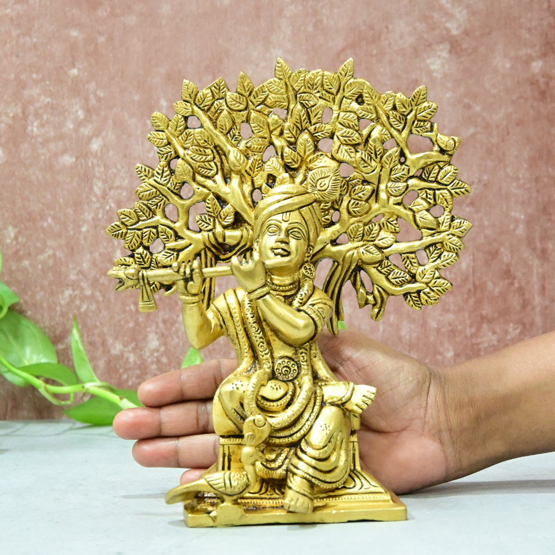 Brass Krishna Idol Murti Big size (8Inch, 2.1Kg) Lord Krishnan Statue with Flute Sitting Tree for Home Decor Living room Hall Gifting