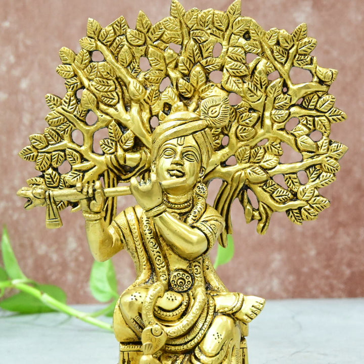 Brass Krishna Idol Murti Big size (8Inch, 2.1Kg) Lord Krishnan Statue with Flute Sitting Tree for Home Decor Living room Hall Gifting