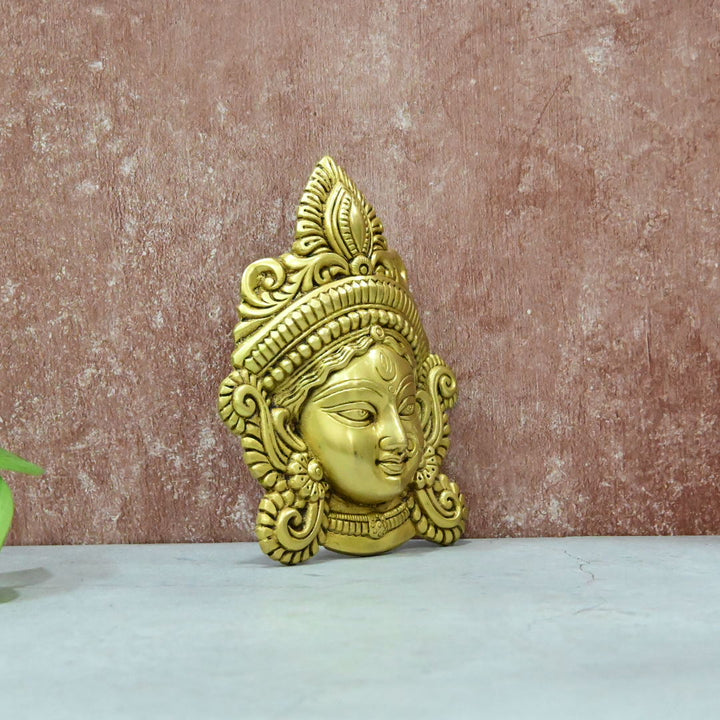 Brass Goddess Durga face Wall Hanging for Pooja Mandir Home Decor Small size (7 Inch) Maa durga Puja Living room hall Showpiece