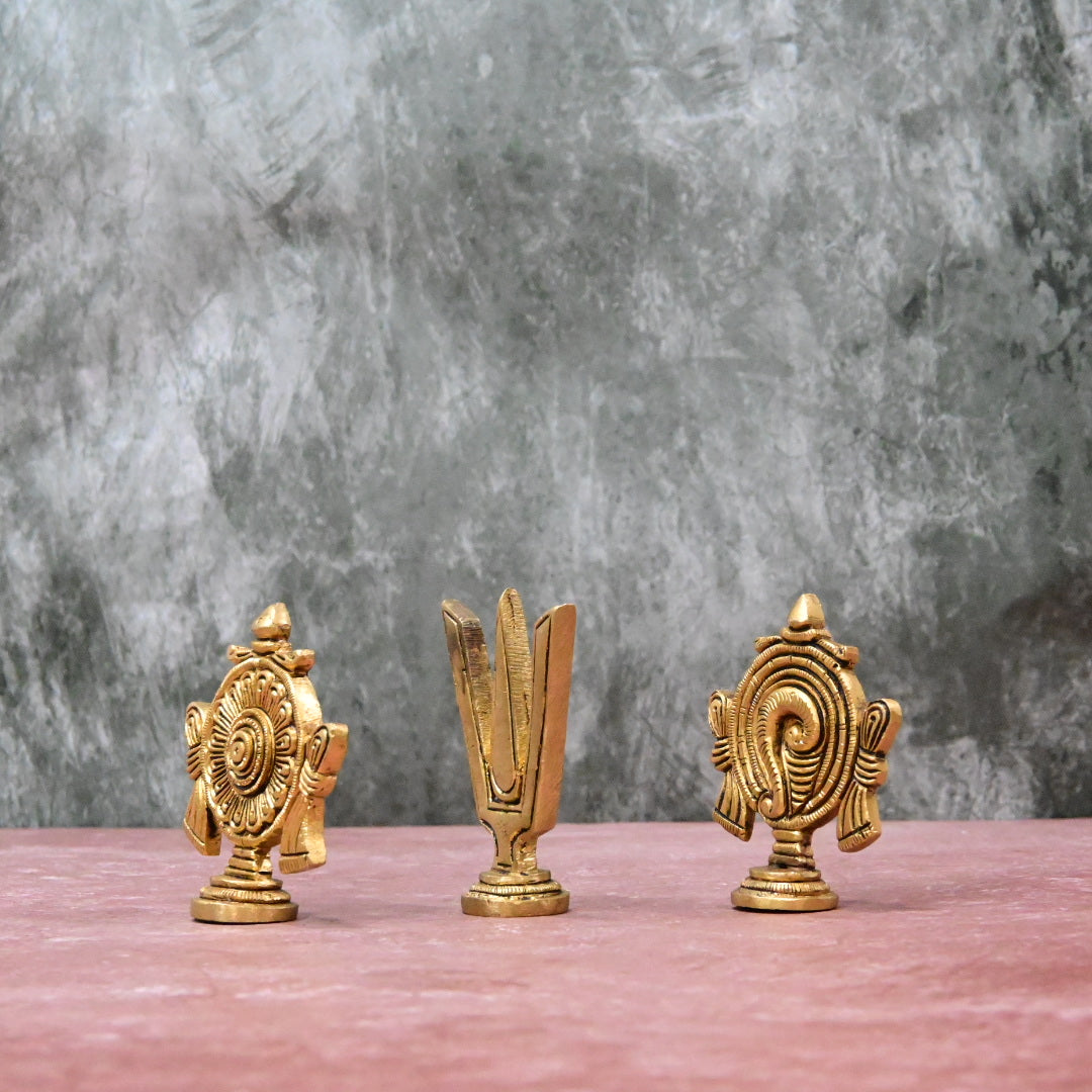 Brass Shankh Chakra Namah Showpiece (3 Inch set)  Shanku Chakra Tilak Tirupati Balaji Stand for Puja Home decor