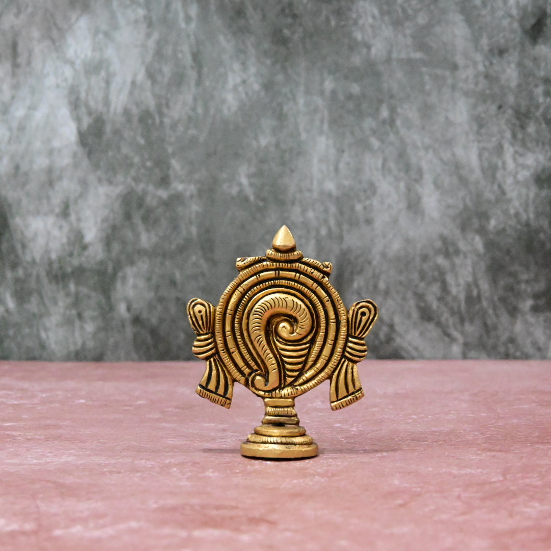 Brass Shankh Chakra Namah Showpiece (3 Inch set)  Shanku Chakra Tilak Tirupati Balaji Stand for Puja Home decor