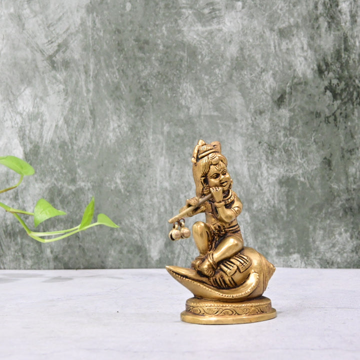 Brass Lord Krishna Idol Small size (4.5 Inch) Krishna Statue Murti sitting on Sanku for Pooja Home Decor Puja room