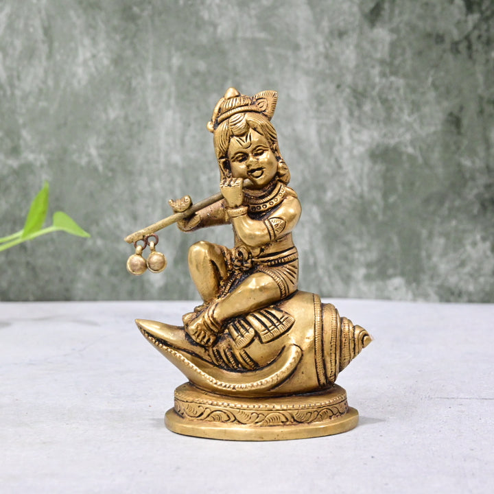 Brass Lord Krishna Idol Small size (4.5 Inch) Krishna Statue Murti sitting on Sanku for Pooja Home Decor Puja room