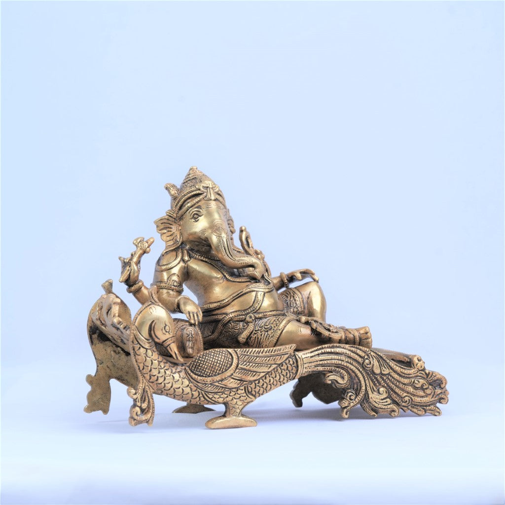 Ganesh showpiece gift (7.5 inch, 4.5 Kg) Brass ganesh murti resting on couch reclining for home business office