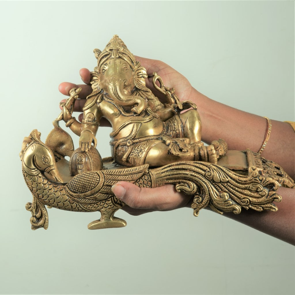 Ganesh showpiece gift (7.5 inch, 4.5 Kg) Brass ganesh murti resting on couch reclining for home business office