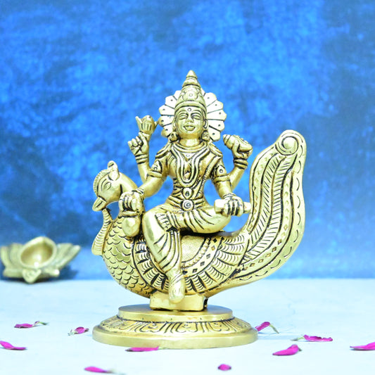 Gayatri devi idol brass small size (6 Inch) Gayatri mata murti sitting on swan for Puja Home decor