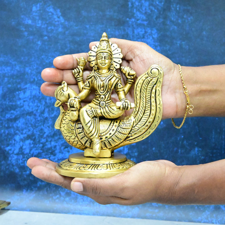 Gayatri devi idol brass small size (6 Inch) Gayatri mata murti sitting on swan for Puja Home decor