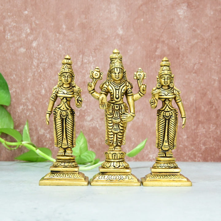 Lord Tirupati Balaji Bhudevi Sridevi Set Small Size (6 Inch) Lord Venkateswara Swamy Family Statue Home Decor Puja