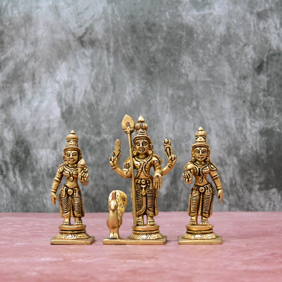 Murugan valli deivanai statue set in brass small size (4Inch, 650 Grams) Lord Palani Murugan family idol set for pooja room home decor