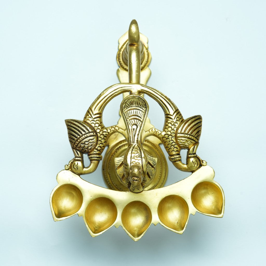 Panch aarti diya with handlebig size (0.9 Kg) Brass Pancha aarathi for pooja (Harathi stand)