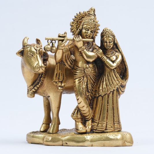 Radha krishna showpiece gift (6 inch, 1.7 kg) Brass radha krishna murti with cow statue idol for Home