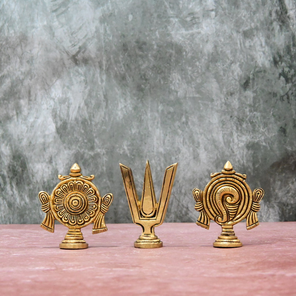 Brass Shankh Chakra Namah Showpiece (3 Inch set)  Shanku Chakra Tilak Tirupati Balaji Stand for Puja Home decor