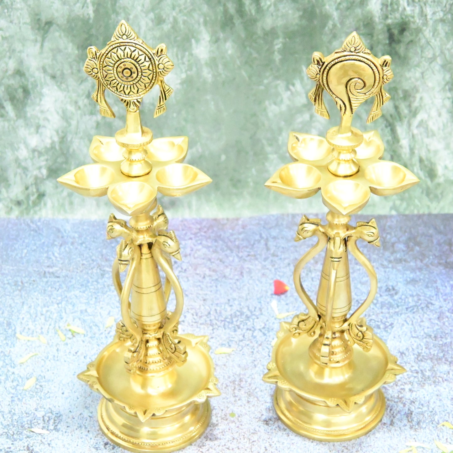 Shankh chakra diya brass big size (15 Inch, 5.3 Kg) Brass Shanku Chakra Deepam Stand (Kerla Diyas, Kuthu Vilakku, Deepalu)