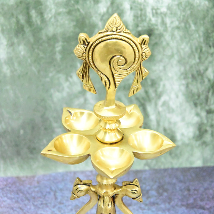 Shankh chakra diya brass big size (15 Inch, 5.3 Kg) Brass Shanku Chakra Deepam Stand (Kerla Diyas, Kuthu Vilakku, Deepalu)