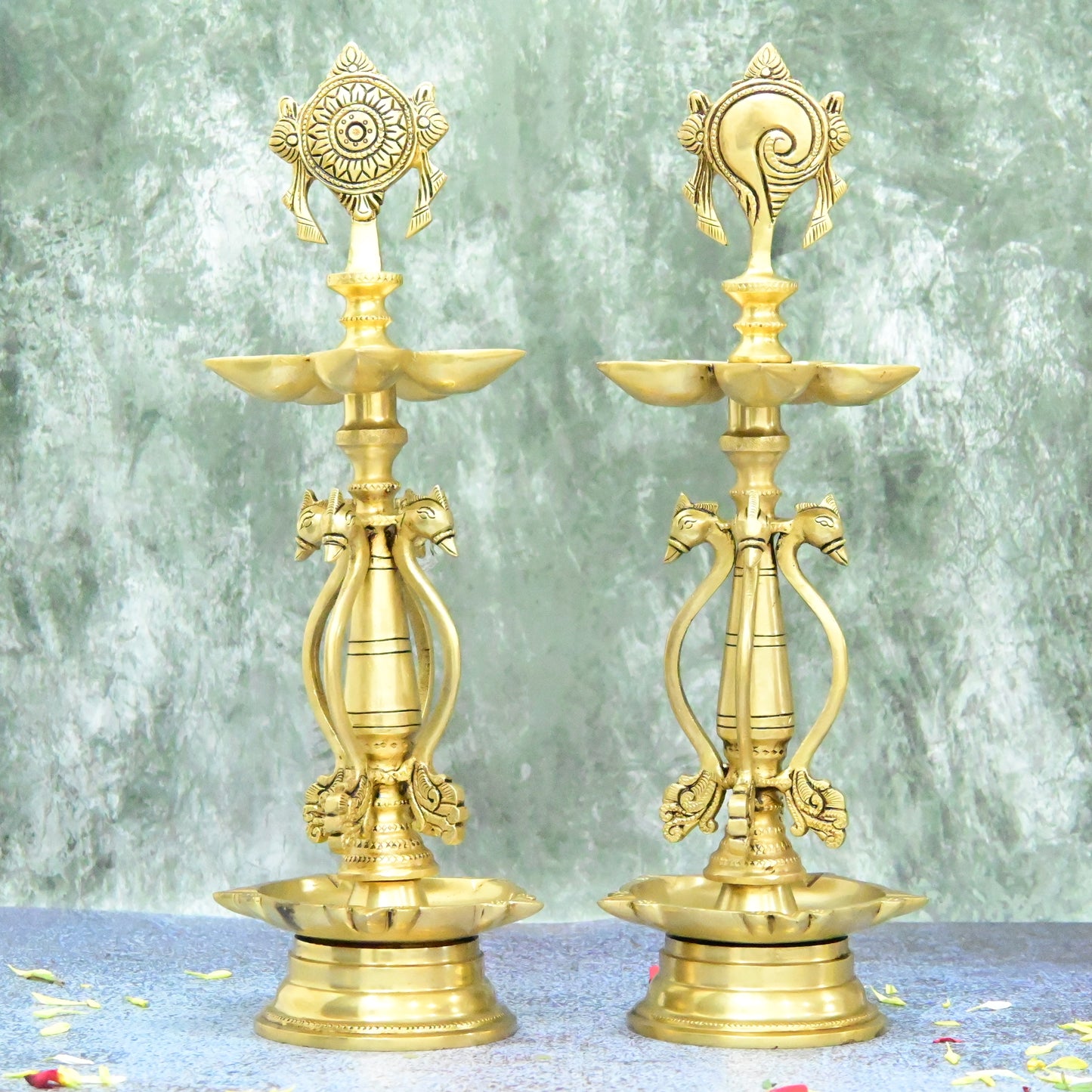 Shankh chakra diya brass big size (15 Inch, 5.3 Kg) Brass Shanku Chakra Deepam Stand (Kerla Diyas, Kuthu Vilakku, Deepalu)