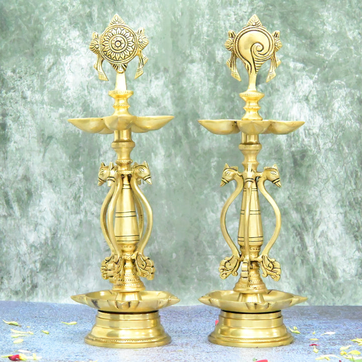 Shankh chakra diya brass big size (15 Inch, 5.3 Kg) Brass Shanku Chakra Deepam Stand (Kerla Diyas, Kuthu Vilakku, Deepalu)