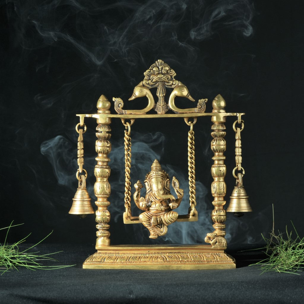 Swing ganesha brass statue (10 inch) Brass Ganesh on Swing (Jhula with bells) home decoration