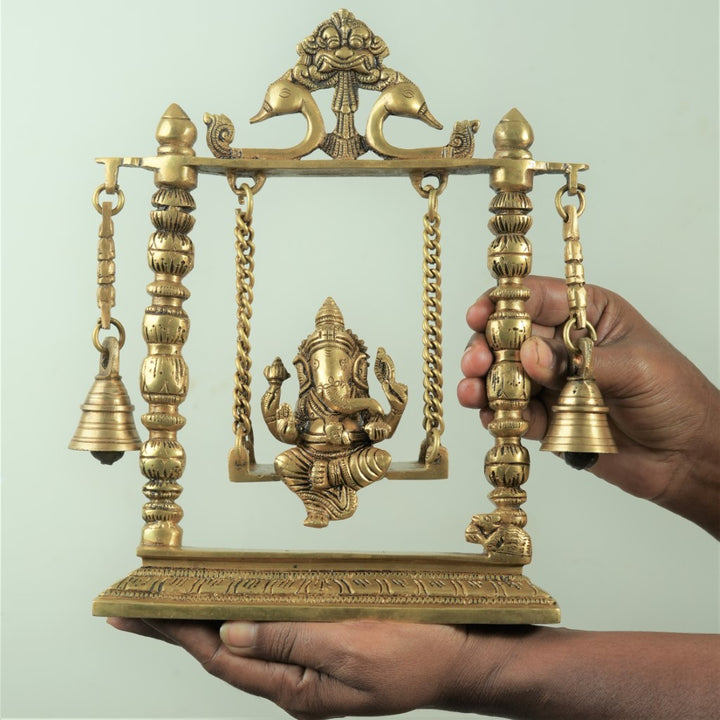 Swing ganesha brass statue (10 inch) Brass Ganesh on Swing (Jhula with bells) home decoration