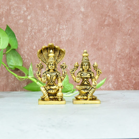 Vishnu Laksmi Brass Idol Set Small Size (5.5") Laxmi Narayan Murti Statue sitting Pooja room Home Decor hall