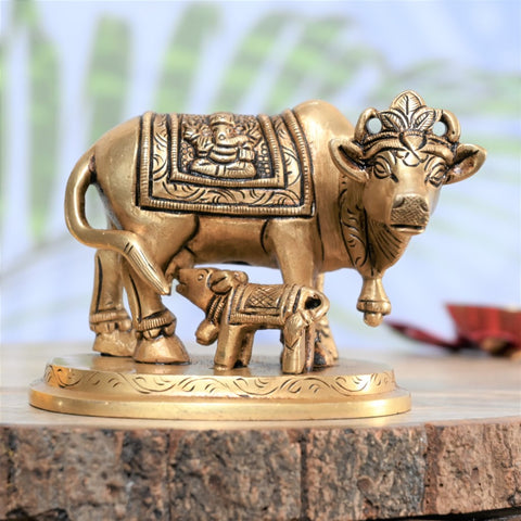 Brass cow calf statue show pieces home decor kamdhenu cow with calf idol vastu pooja small