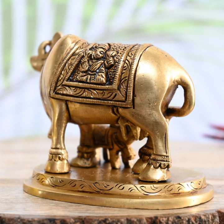 Brass cow calf statue show pieces home decor kamdhenu cow with calf idol vastu pooja small