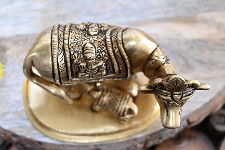 Brass cow calf statue show pieces home decor kamdhenu cow with calf idol vastu pooja small