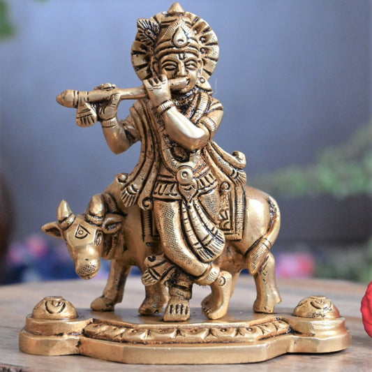 Brass krishna murti with cow lord krishna statue idol for home decor pooja small