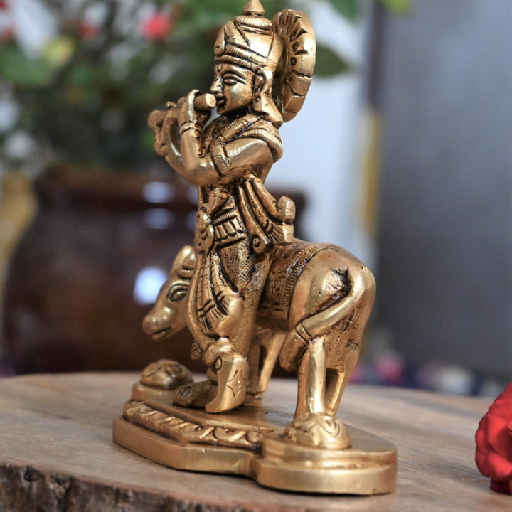 Brass krishna murti with cow lord krishna statue idol for home decor pooja small