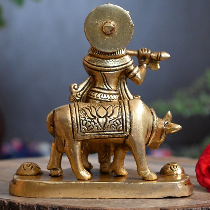 Brass krishna murti with cow lord krishna statue idol for home decor pooja small