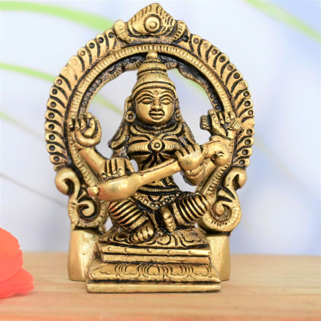 Brass saraswati idol small for pooja home decor goddess saraswathi devi murti with veena statue