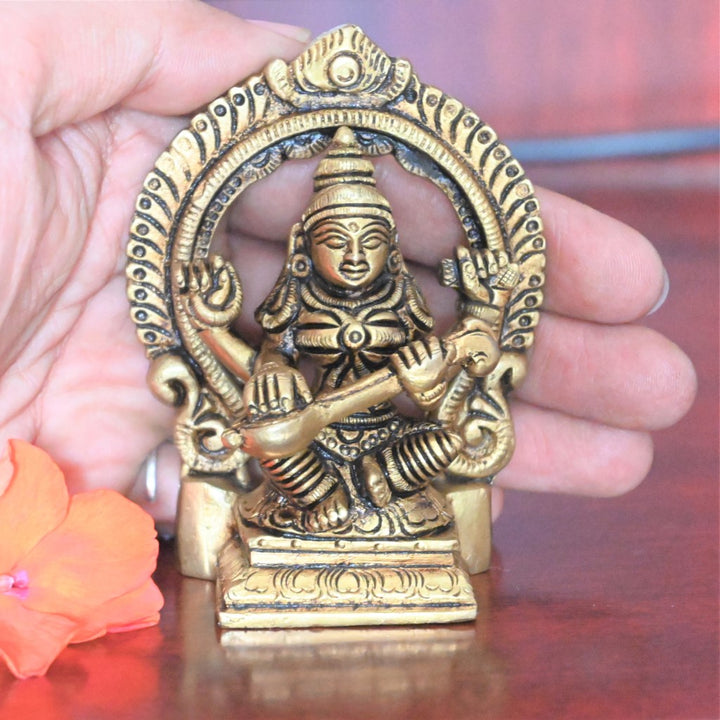 Brass saraswati idol small for pooja home decor goddess saraswathi devi murti with veena statue