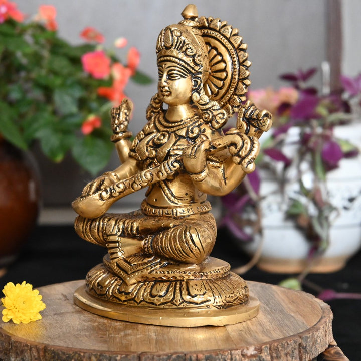 Brass saraswati murti for pooja big size home decor idol goddess saraswathi devi with veena statue