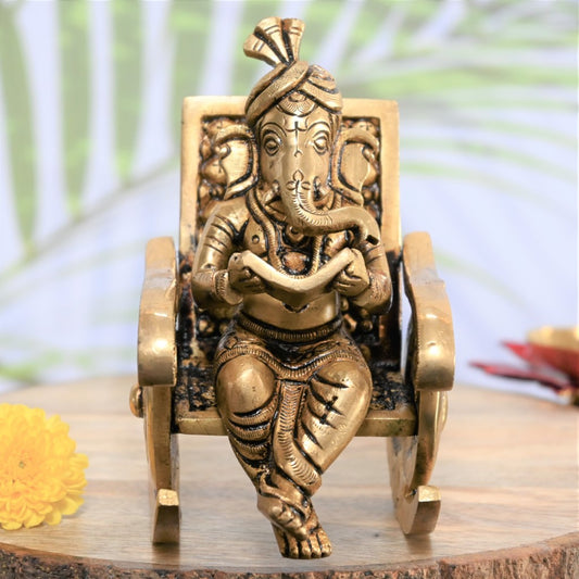 Lord ganesha rocking chair brass chair ganesha idol ganesh statue reading book study table small