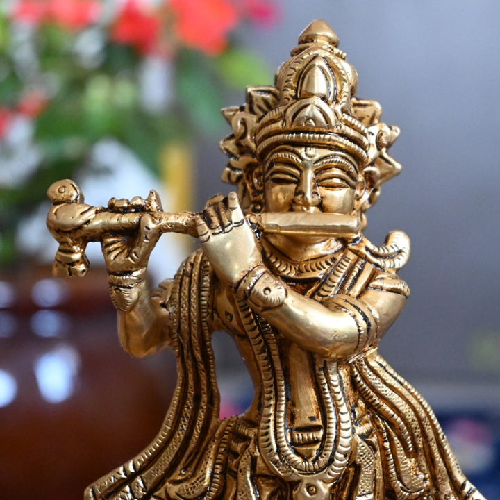 Lord krishna idol brass krishna murti statue with flute for home decor pooja small