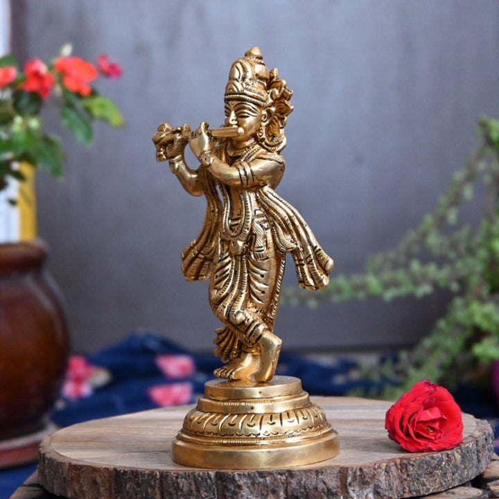 Lord krishna idol brass krishna murti statue with flute for home decor pooja small