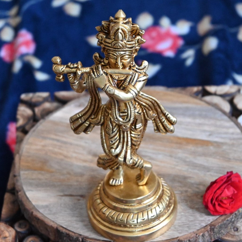 Lord krishna idol brass krishna murti statue with flute for home