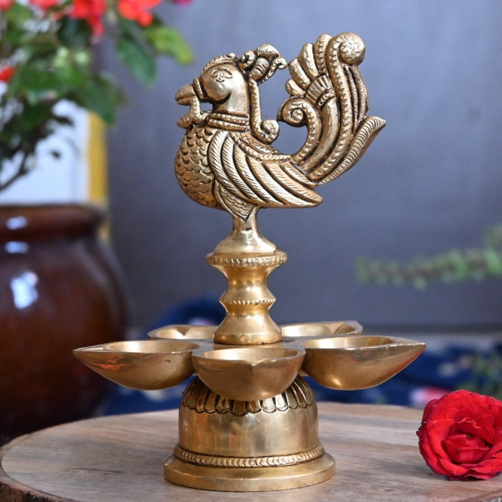 Peacock diyas in brass peacock diya stand for puja big size 5 wick home decor