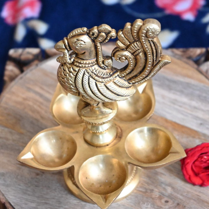 Peacock diyas in brass peacock diya stand for puja big size 5 wick home decor