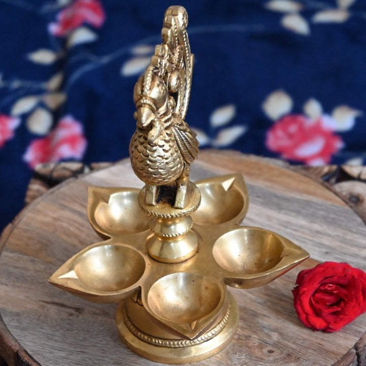 Peacock diyas in brass peacock diya stand for puja big size 5 wick home decor