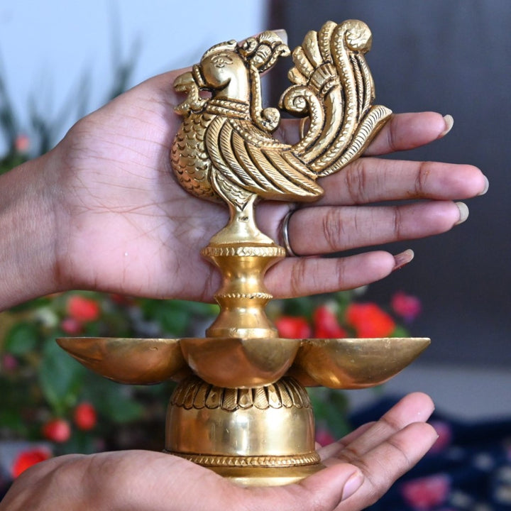 Peacock diyas in brass peacock diya stand for puja big size 5 wick home decor